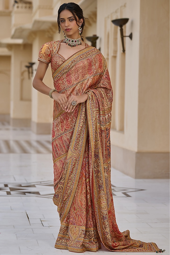 Multi-Colored Georgette Embroidered Bridal Saree Set by Tarun Tahiliani at Pernia's Pop Up Shop