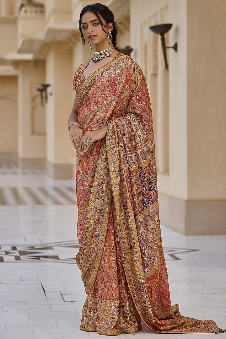 Multi-Colored Georgette Embroidered Bridal Saree Set by Tarun Tahiliani at Pernia's Pop Up Shop