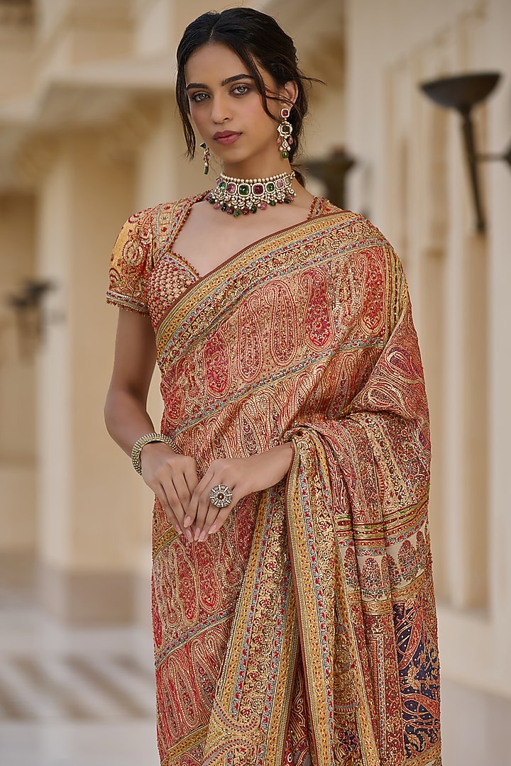 Multi-Colored Georgette Embroidered Bridal Saree Set by Tarun Tahiliani at Pernia's Pop Up Shop