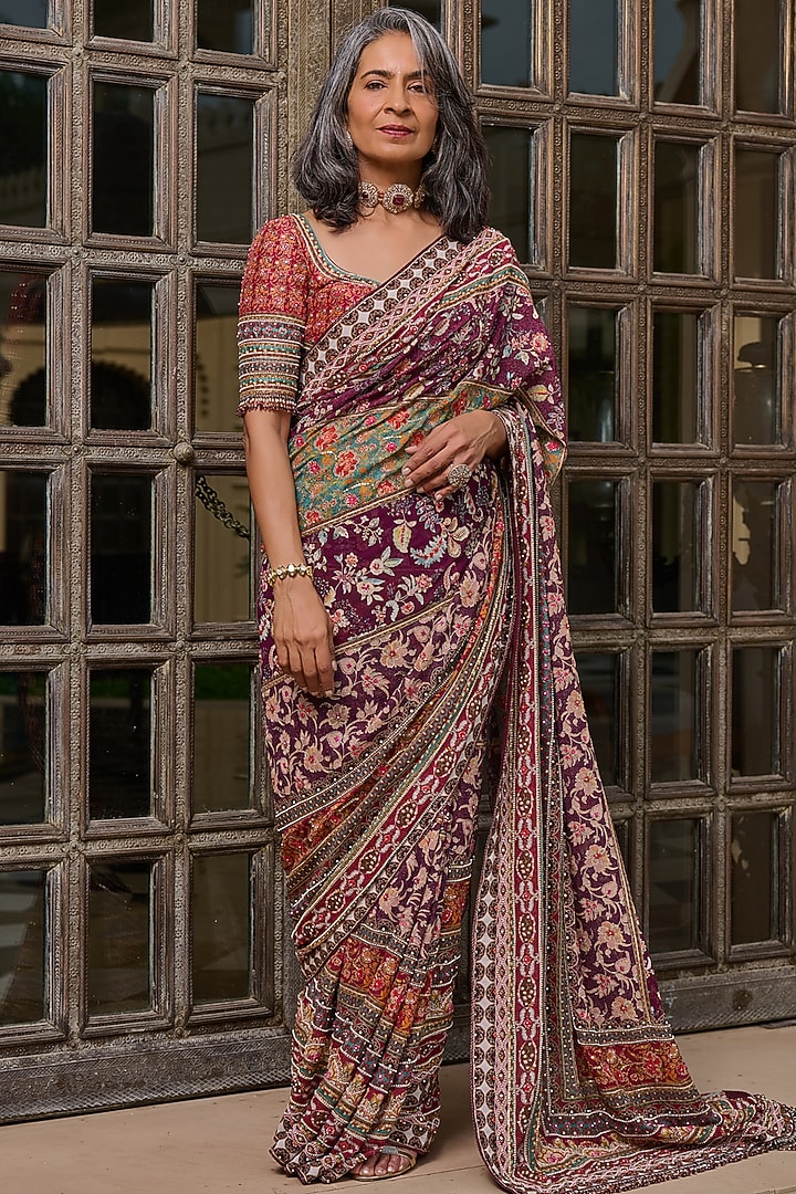 Red Silk Dupion & Georgette Embroidered Bridal Saree Set by Tarun Tahiliani at Pernia's Pop Up Shop