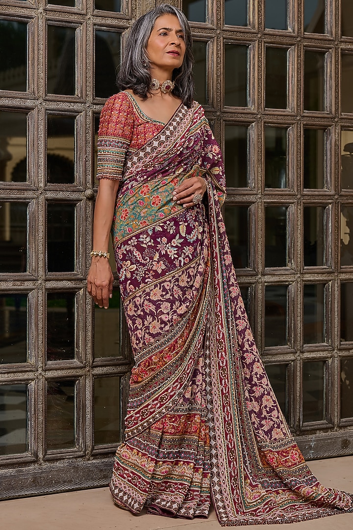 Red Silk Dupion & Georgette Embroidered Bridal Saree Set by Tarun Tahiliani at Pernia's Pop Up Shop