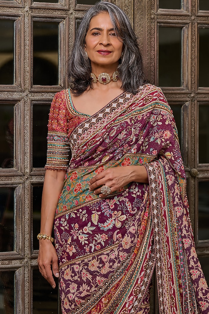 Red Silk Dupion & Georgette Embroidered Bridal Saree Set by Tarun Tahiliani at Pernia's Pop Up Shop