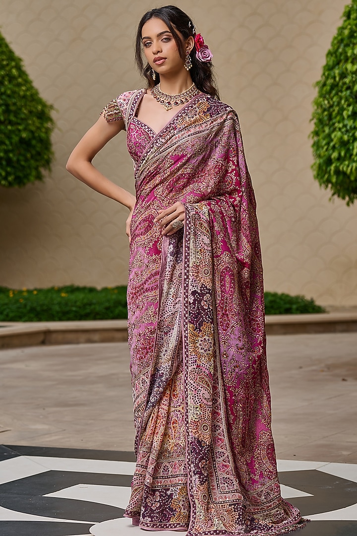 Purple Silk Dupion & Georgette Embroidered Bridal Saree Set by Tarun Tahiliani at Pernia's Pop Up Shop