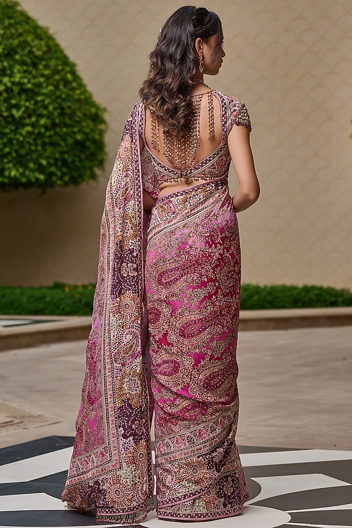 Purple Silk Dupion & Georgette Embroidered Bridal Saree Set by Tarun Tahiliani at Pernia's Pop Up Shop