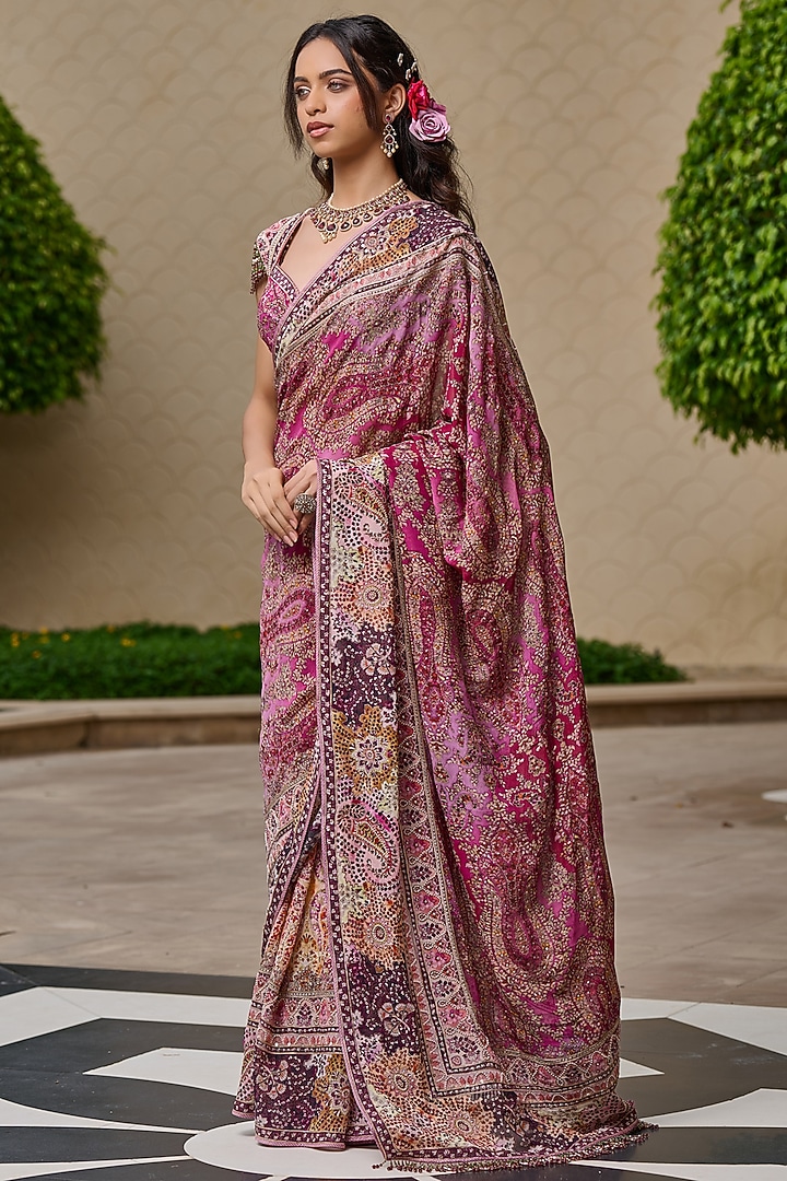 Purple Silk Dupion & Georgette Embroidered Bridal Saree Set by Tarun Tahiliani at Pernia's Pop Up Shop