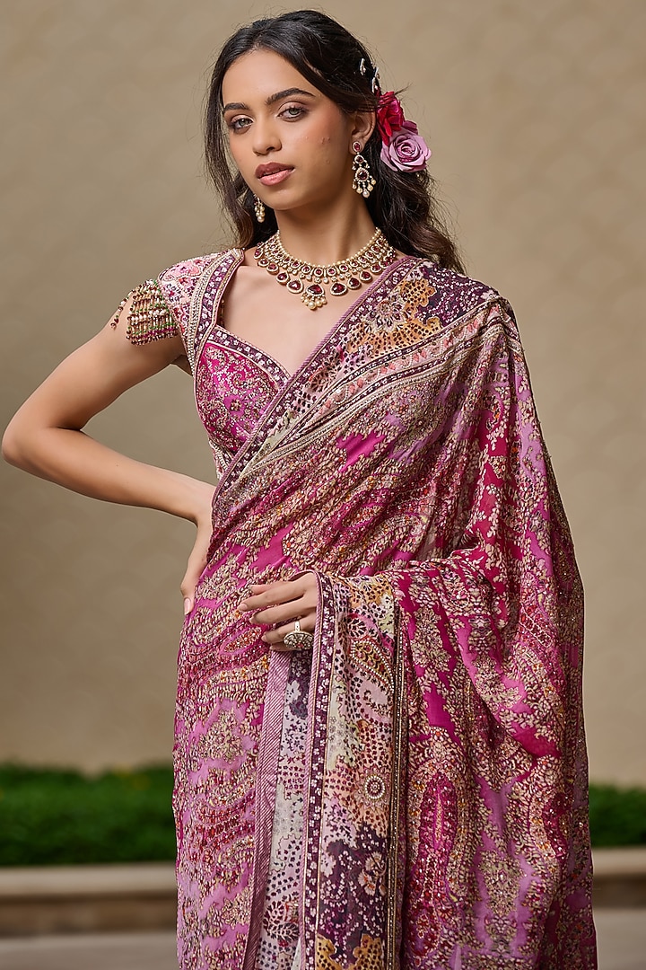 Purple Silk Dupion & Georgette Embroidered Bridal Saree Set by Tarun Tahiliani at Pernia's Pop Up Shop