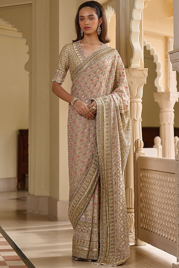 Gold Silk Dupion & Georgette Embroidered Bridal Saree Set by Tarun Tahiliani at Pernia's Pop Up Shop