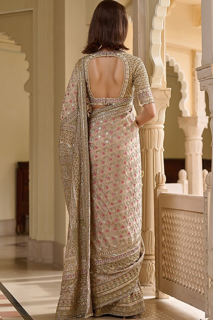 Gold Silk Dupion & Georgette Embroidered Bridal Saree Set by Tarun Tahiliani at Pernia's Pop Up Shop