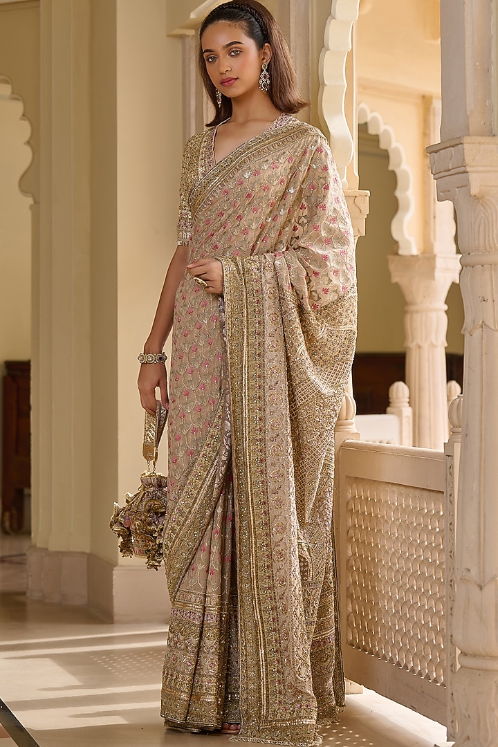 Gold Silk Dupion & Georgette Embroidered Bridal Saree Set by Tarun Tahiliani at Pernia's Pop Up Shop