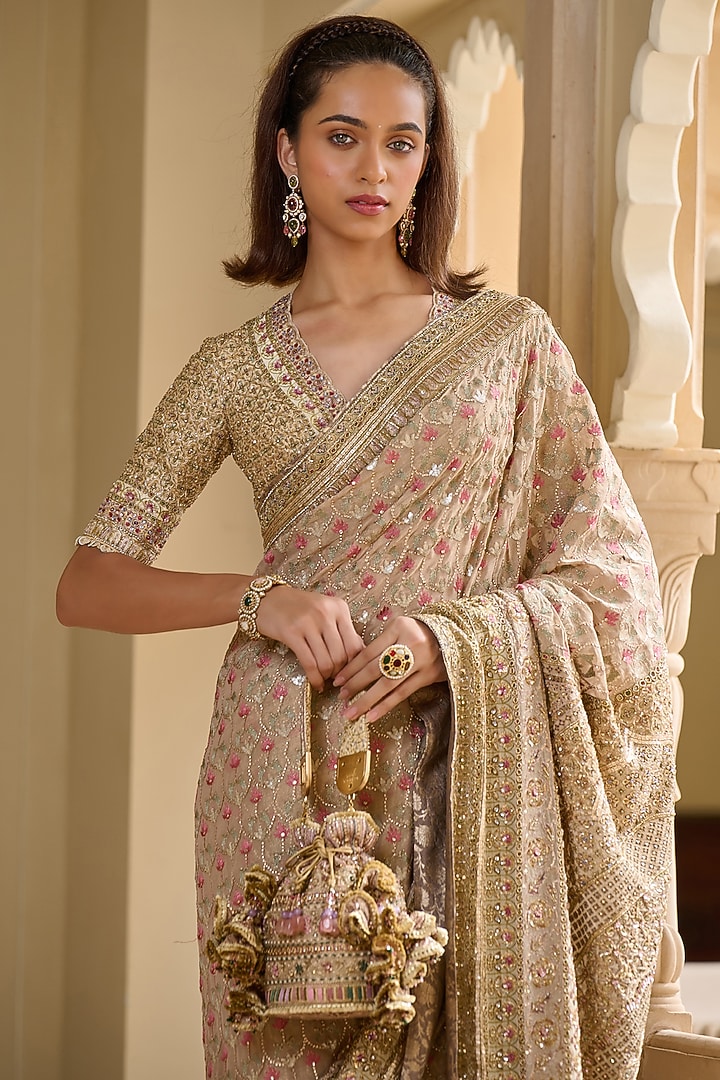 Gold Silk Dupion & Georgette Embroidered Bridal Saree Set by Tarun Tahiliani at Pernia's Pop Up Shop