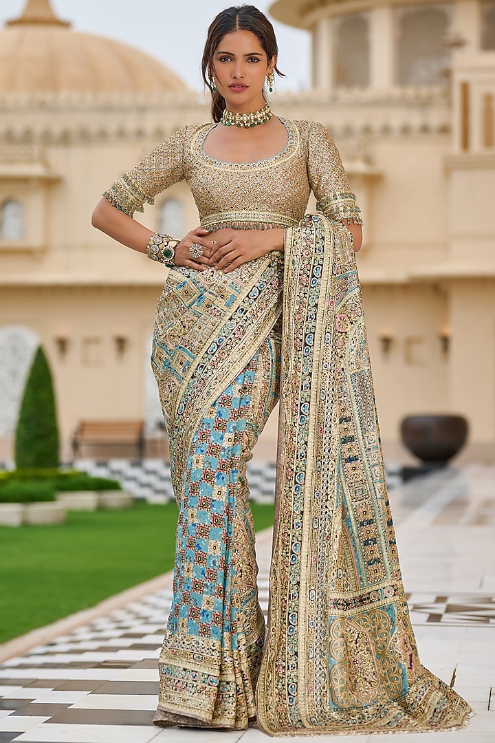 Multi-Colored Silk Dupion & Georgette Embroidered Bridal Saree Set by Tarun Tahiliani at Pernia's Pop Up Shop