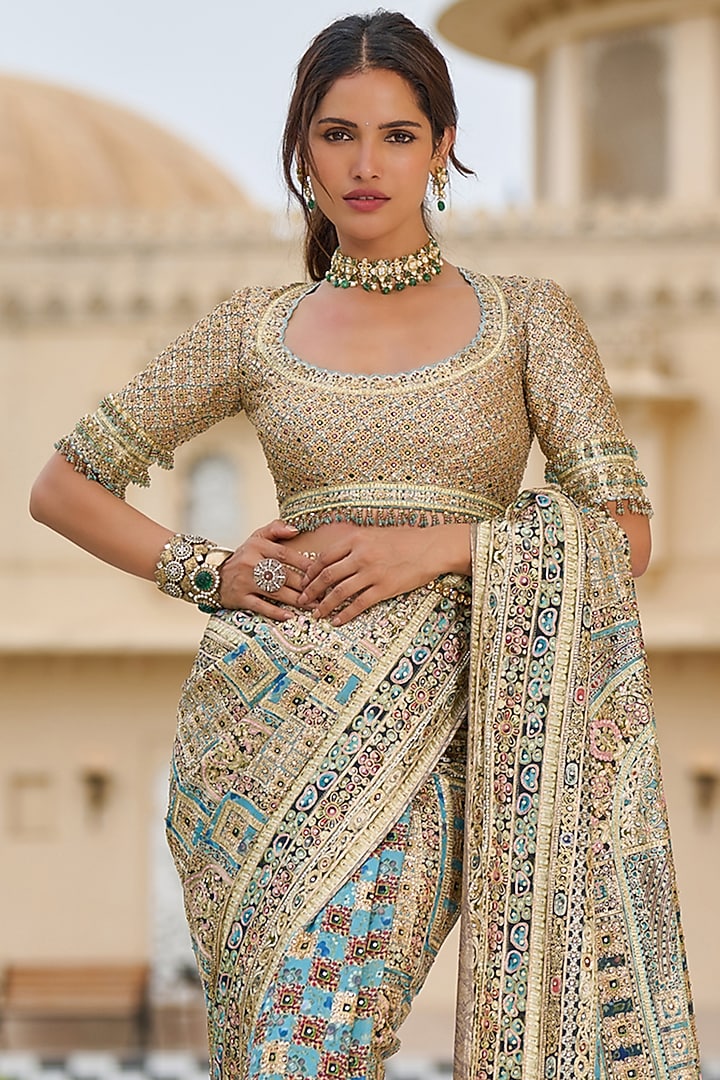 Multi-Colored Silk Dupion & Georgette Embroidered Bridal Saree Set by Tarun Tahiliani at Pernia's Pop Up Shop
