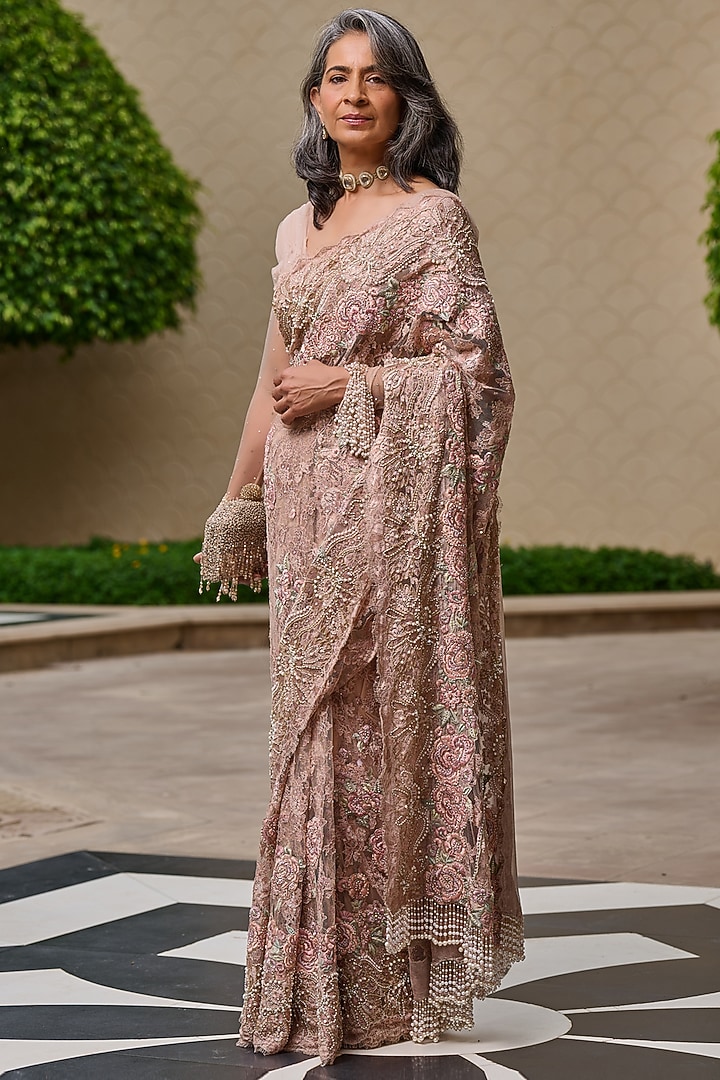 Blush Pink Lace Floral Thread Embroidered Bridal Saree Set by Tarun Tahiliani at Pernia's Pop Up Shop