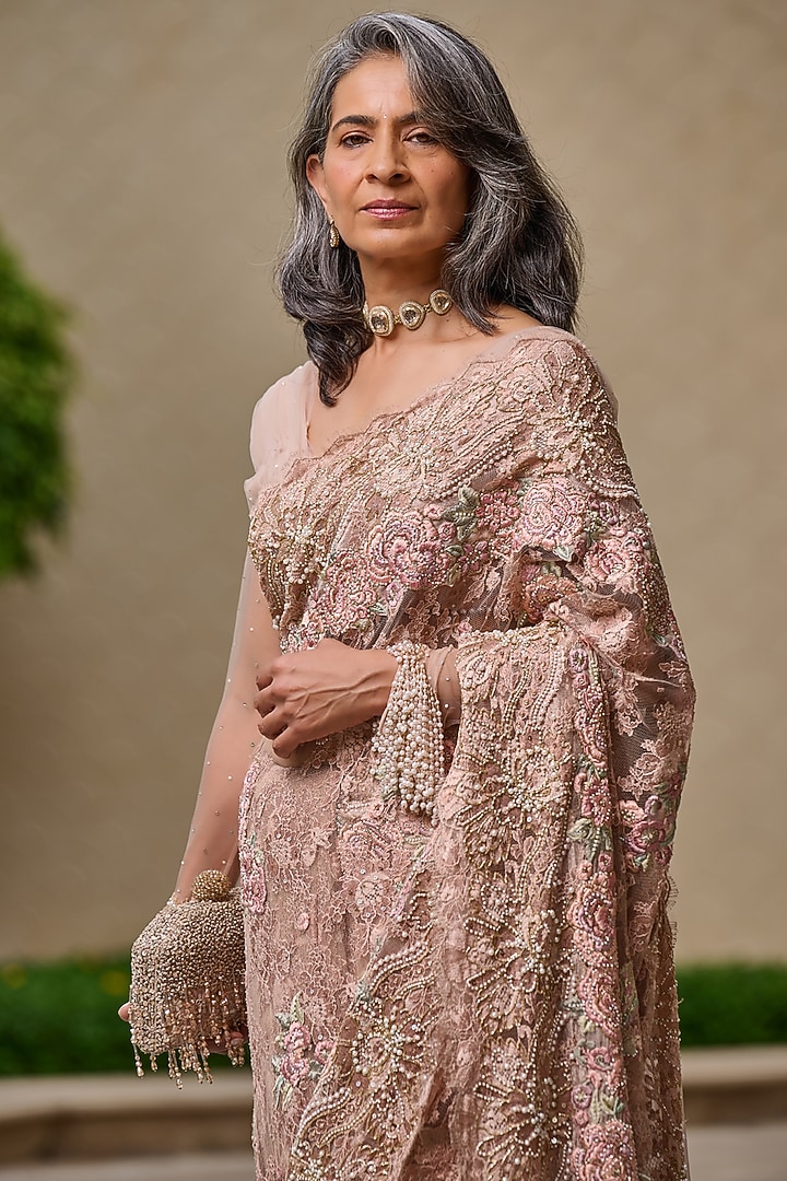 Blush Pink Lace Floral Thread Embroidered Bridal Saree Set by Tarun Tahiliani at Pernia's Pop Up Shop