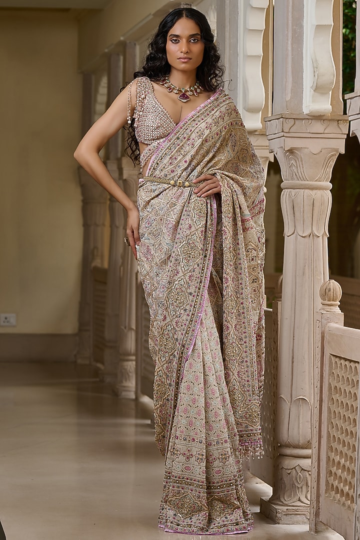 Multi-Colored Georgette Embroidered Bridal Saree Set by Tarun Tahiliani at Pernia's Pop Up Shop