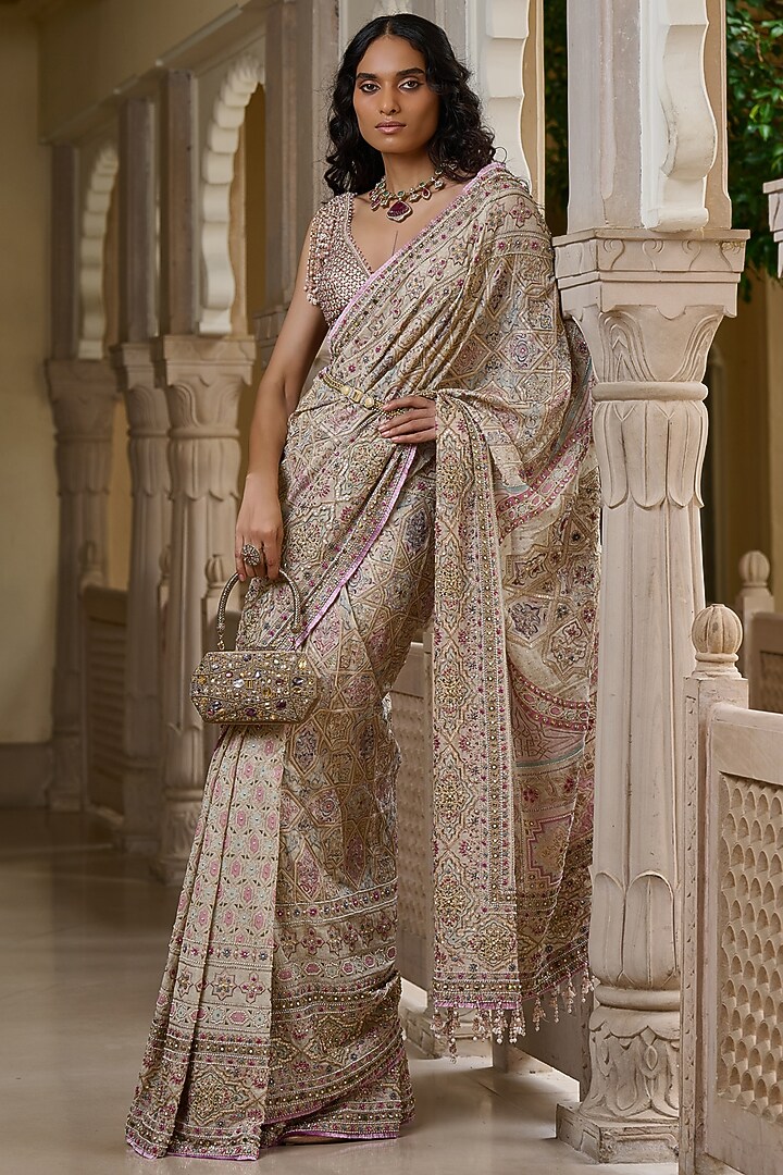 Multi-Colored Georgette Embroidered Bridal Saree Set by Tarun Tahiliani at Pernia's Pop Up Shop