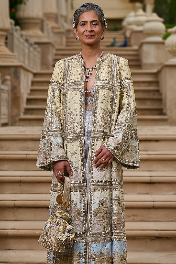 Powder Blue Silk Dupion Embellished Jacket Set by Tarun Tahiliani at Pernia's Pop Up Shop