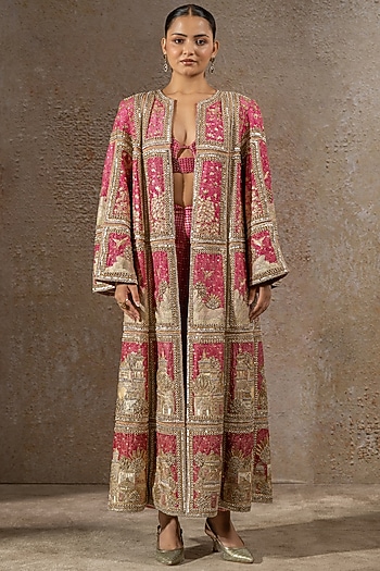 Red Silk Dupion Embellished Jacket Set by Tarun Tahiliani