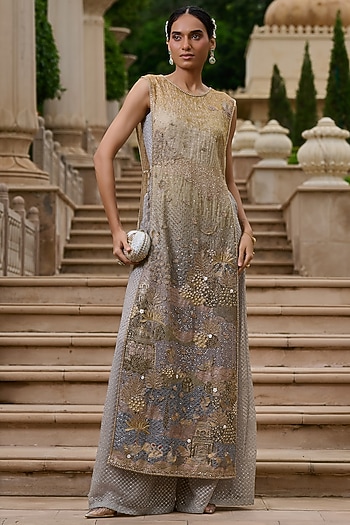 Powder Blue Lace Fabric & Silk Embellished Jumpsuit by Tarun Tahiliani
