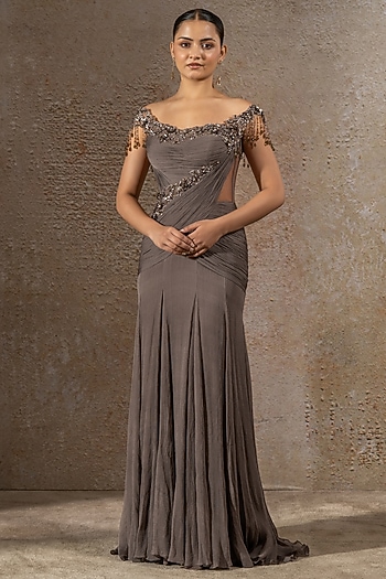 Grey Chiffon Hand Embroidered Gown by Tarun Tahiliani