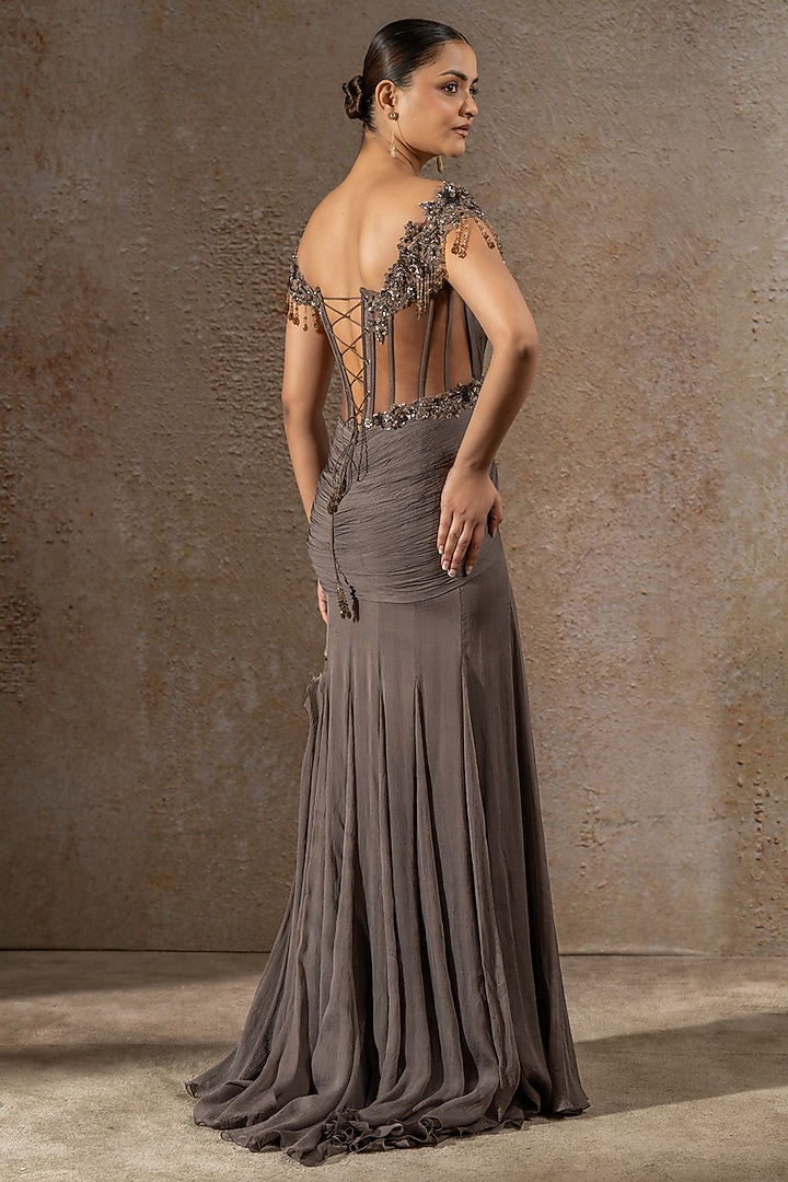 Grey Chiffon Hand Embroidered Wedding Gown by Tarun Tahiliani at Pernia's Pop Up Shop