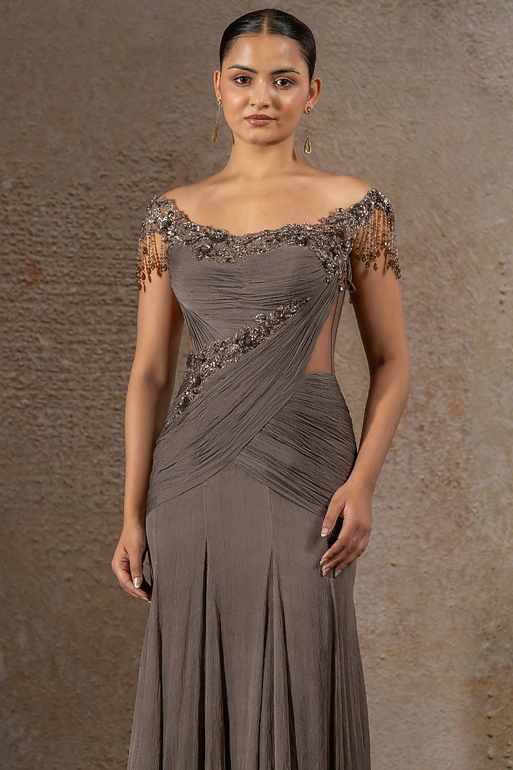 Grey Chiffon Hand Embroidered Wedding Gown by Tarun Tahiliani at Pernia's Pop Up Shop