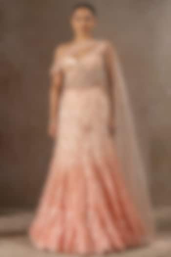 Ivory Soft Net Pearl Embroidered Bridal Lehenga Saree Set by Tarun Tahiliani at Pernia's Pop Up Shop