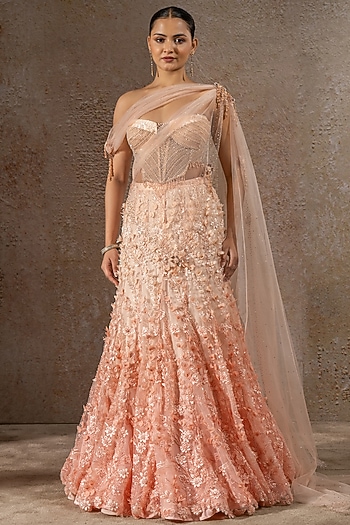 Ivory Soft Net Pearl Embroidered Lehenga Saree Set by Tarun Tahiliani