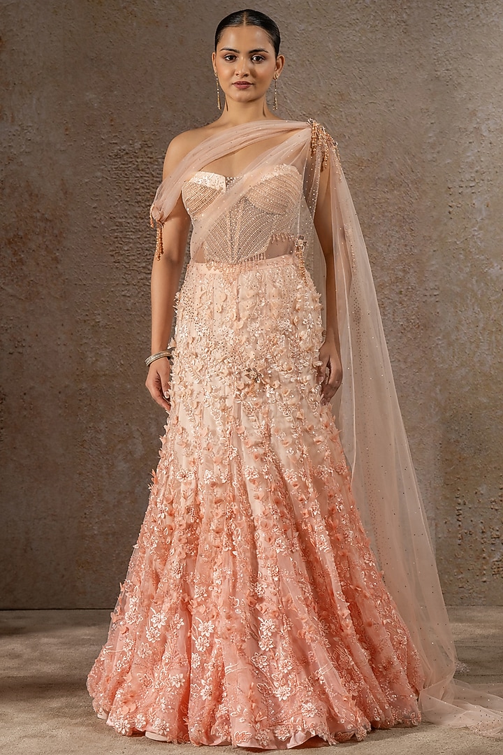 Ivory Soft Net Pearl Embroidered Bridal Lehenga Saree Set by Tarun Tahiliani at Pernia's Pop Up Shop