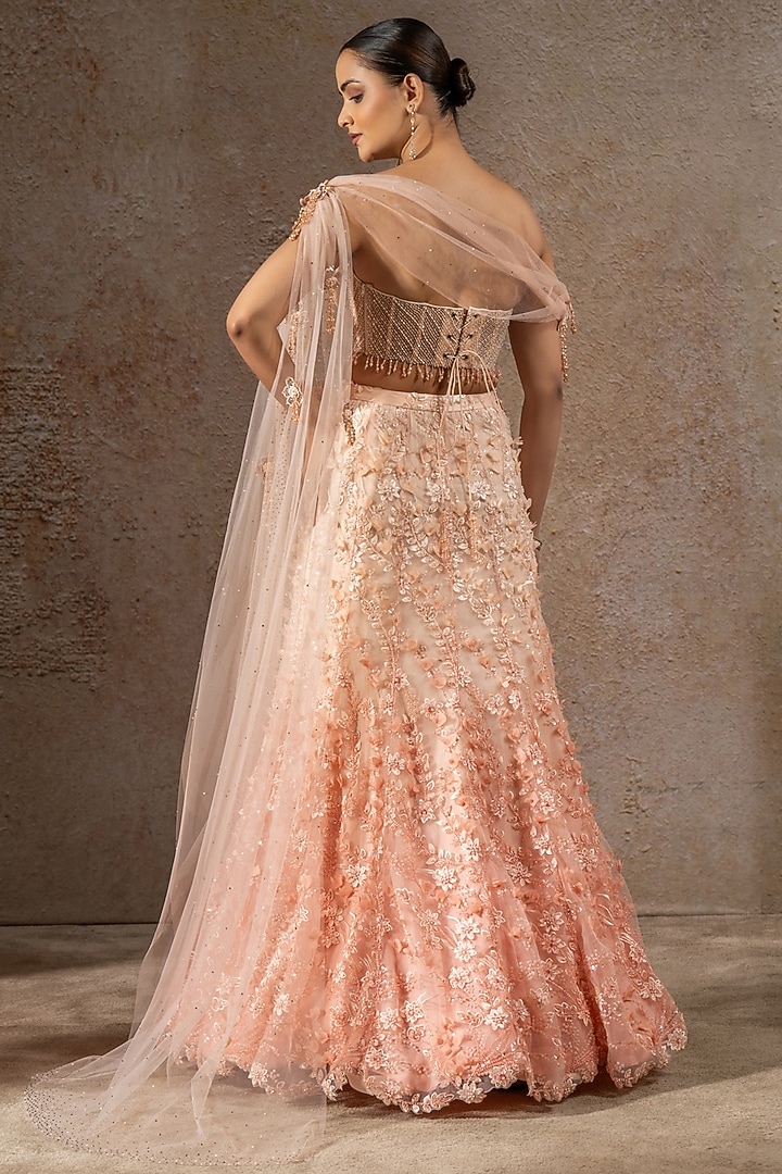 Ivory Soft Net Pearl Embroidered Bridal Lehenga Saree Set by Tarun Tahiliani at Pernia's Pop Up Shop