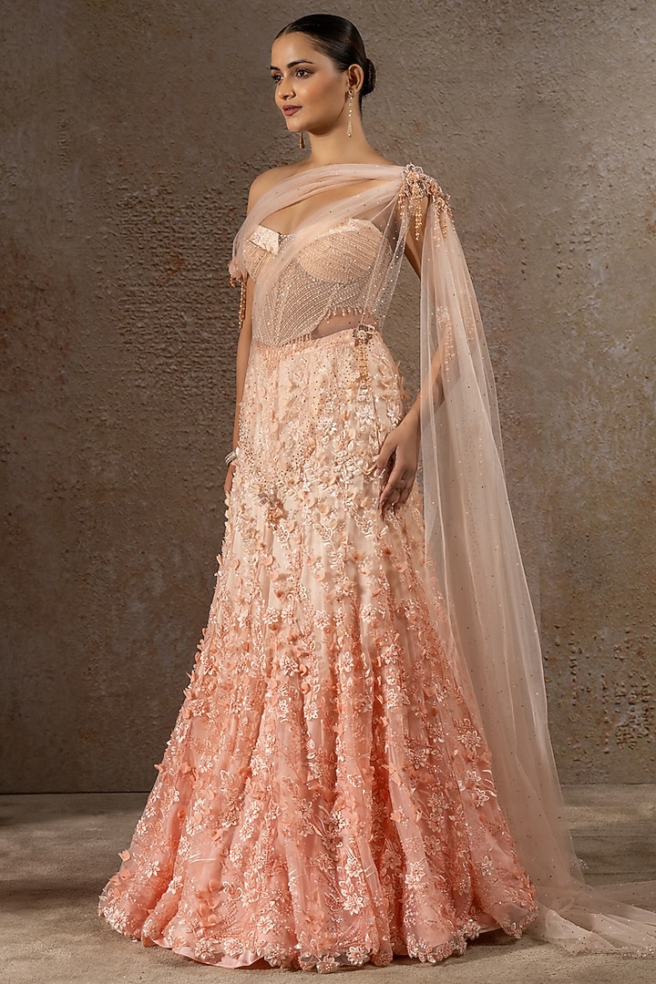 Ivory Soft Net Pearl Embroidered Bridal Lehenga Saree Set by Tarun Tahiliani at Pernia's Pop Up Shop