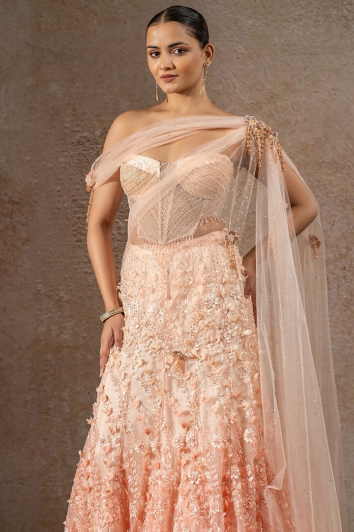 Ivory Soft Net Pearl Embroidered Bridal Lehenga Saree Set by Tarun Tahiliani at Pernia's Pop Up Shop