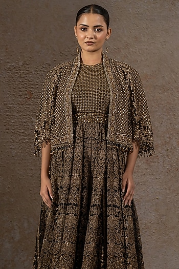Black & Gold Tulle Net Hand Embroidered Cape by Tarun Tahiliani