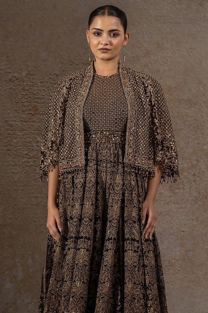 Black & Gold Tulle Net Hand Embroidered Cape by Tarun Tahiliani at Pernia's Pop Up Shop