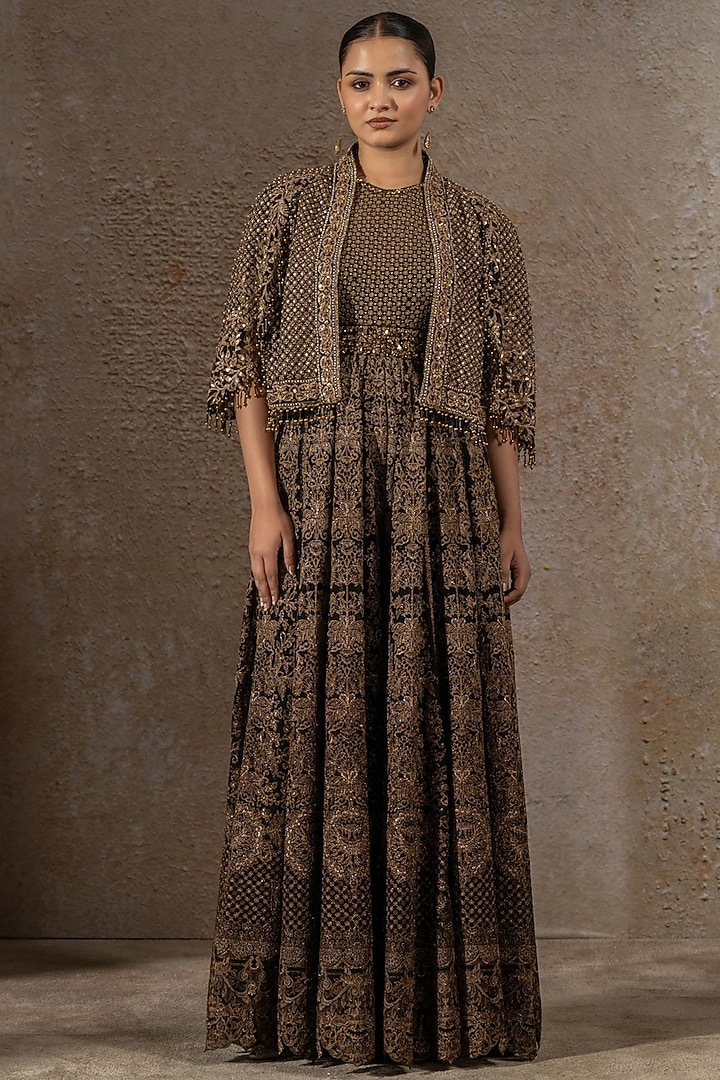 Black & Gold Tulle Net Hand Embroidered Cape by Tarun Tahiliani at Pernia's Pop Up Shop