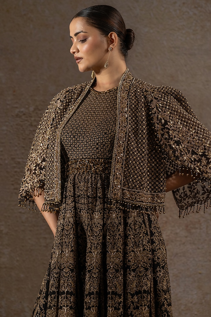 Black & Gold Tulle Net Hand Embroidered Cape by Tarun Tahiliani at Pernia's Pop Up Shop