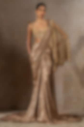 Gold Foil Jersey Hand Embroidered Pre-Draped Bridal Saree Set by Tarun Tahiliani at Pernia's Pop Up Shop