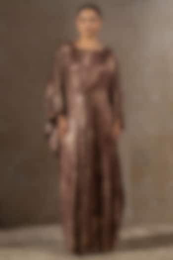 Mocha Brown Foil Jersey Hand Embroidered Draped Cocktail Dress by Tarun Tahiliani at Pernia's Pop Up Shop