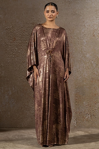 Mocha Brown Foil Jersey Hand Embroidered Draped Dress by Tarun Tahiliani