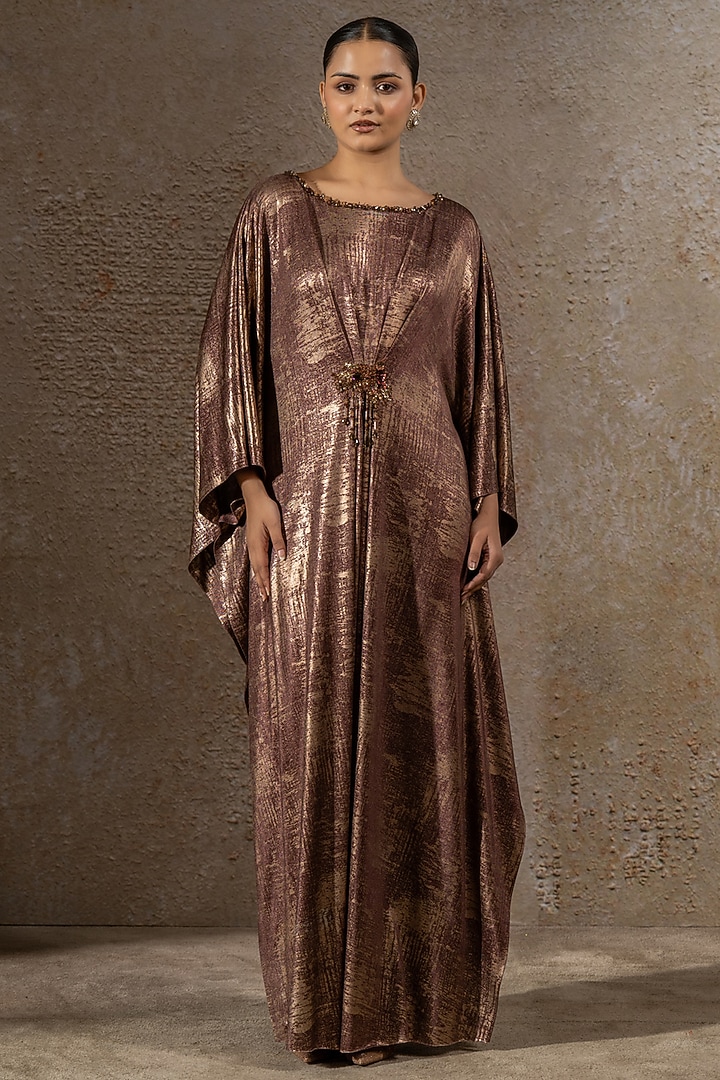 Mocha Brown Foil Jersey Hand Embroidered Draped Cocktail Dress by Tarun Tahiliani at Pernia's Pop Up Shop
