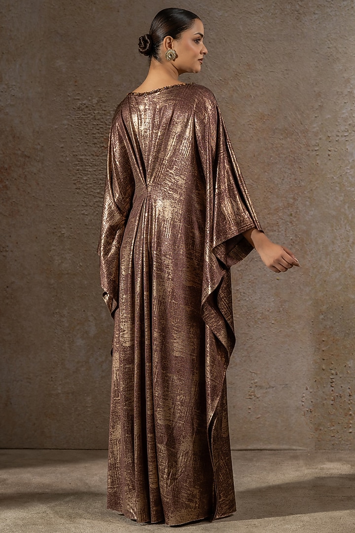 Mocha Brown Foil Jersey Hand Embroidered Draped Cocktail Dress by Tarun Tahiliani at Pernia's Pop Up Shop