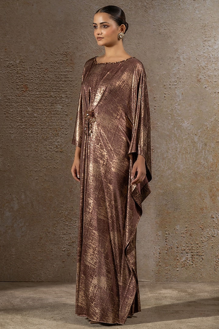 Mocha Brown Foil Jersey Hand Embroidered Draped Cocktail Dress by Tarun Tahiliani at Pernia's Pop Up Shop