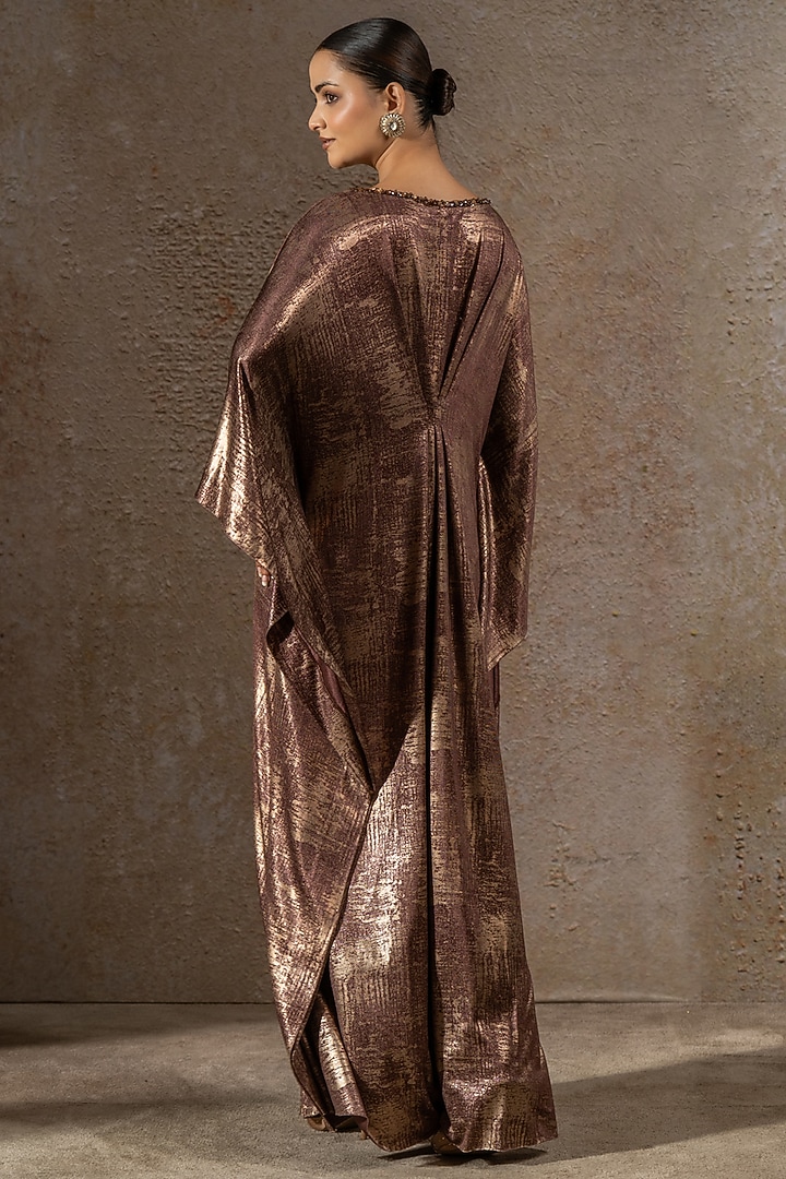 Mocha Brown Foil Jersey Hand Embroidered Draped Cocktail Dress by Tarun Tahiliani at Pernia's Pop Up Shop