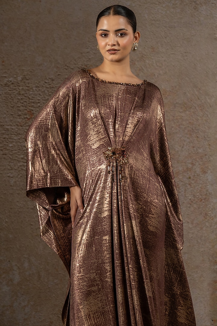 Mocha Brown Foil Jersey Hand Embroidered Draped Cocktail Dress by Tarun Tahiliani at Pernia's Pop Up Shop
