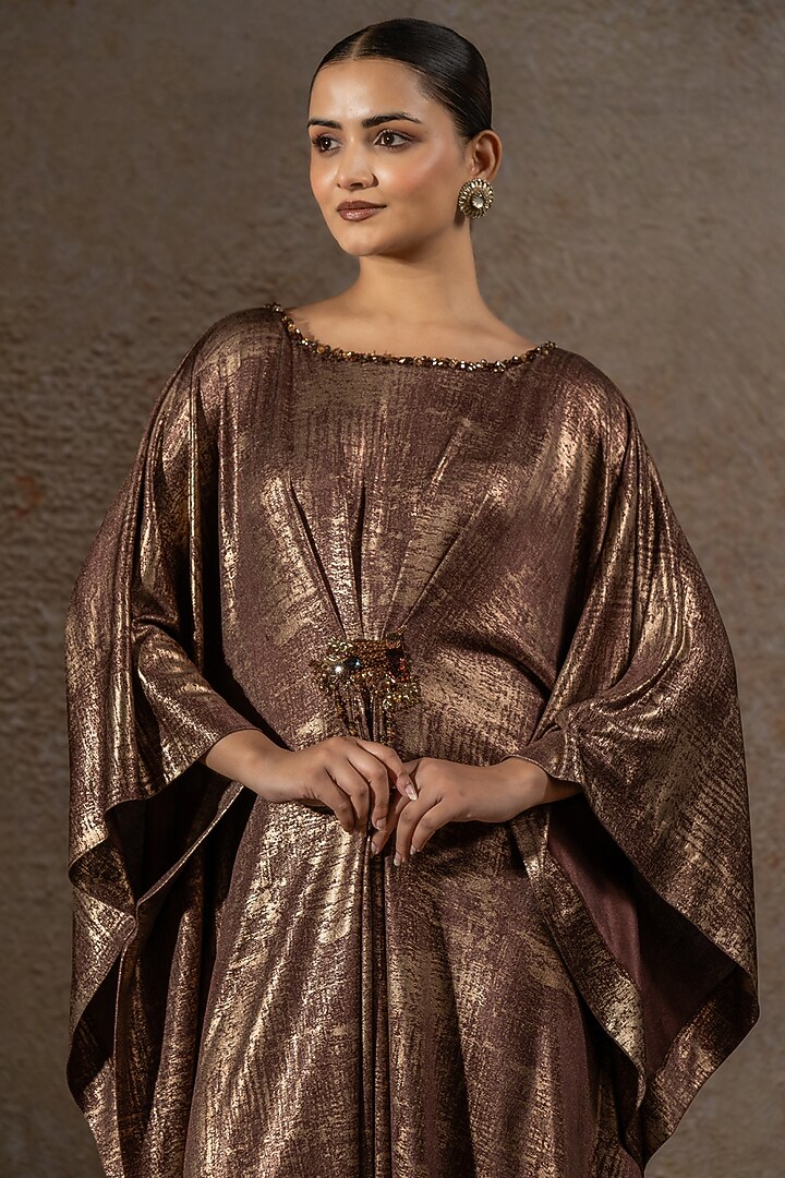 Mocha Brown Foil Jersey Hand Embroidered Draped Cocktail Dress by Tarun Tahiliani at Pernia's Pop Up Shop