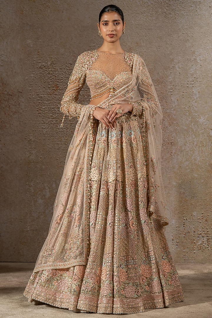 Multi-Colored Tulle Net Hand Embroidered Bridal Lehenga Set by Tarun Tahiliani at Pernia's Pop Up Shop