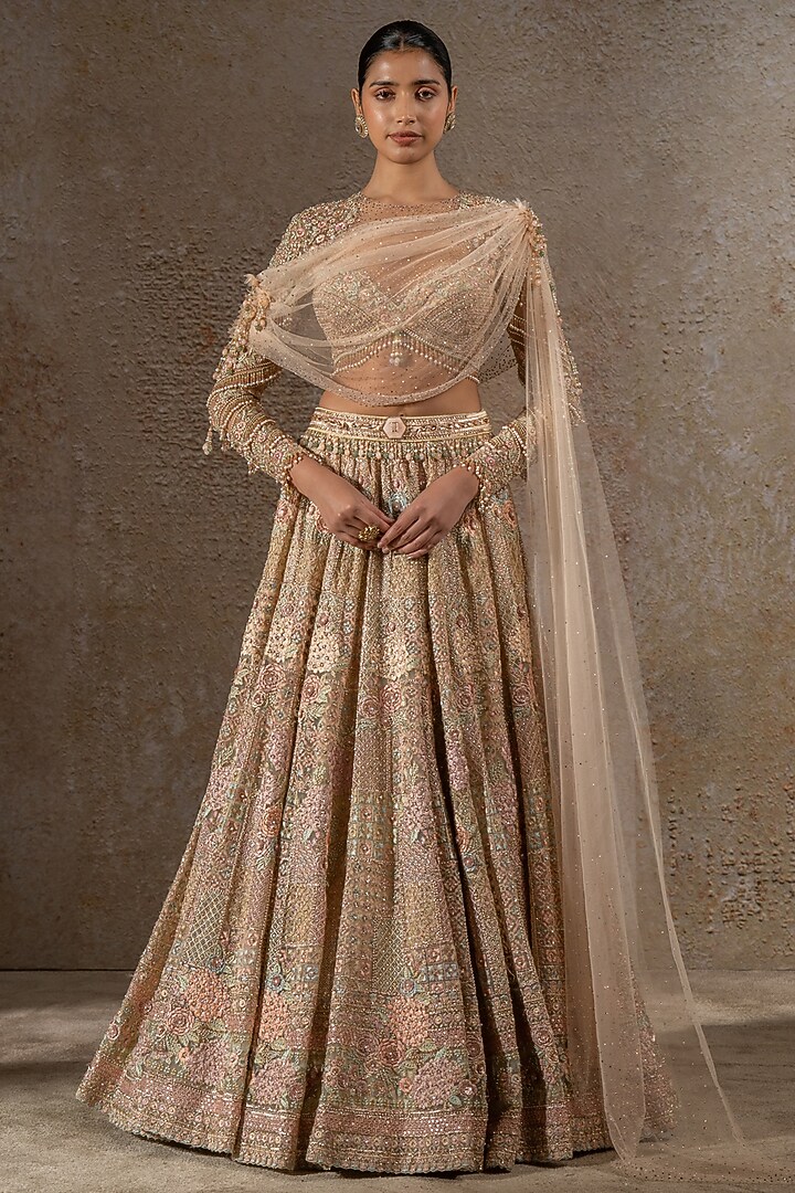 Multi-Colored Tulle Net Hand Embroidered Bridal Lehenga Set by Tarun Tahiliani at Pernia's Pop Up Shop