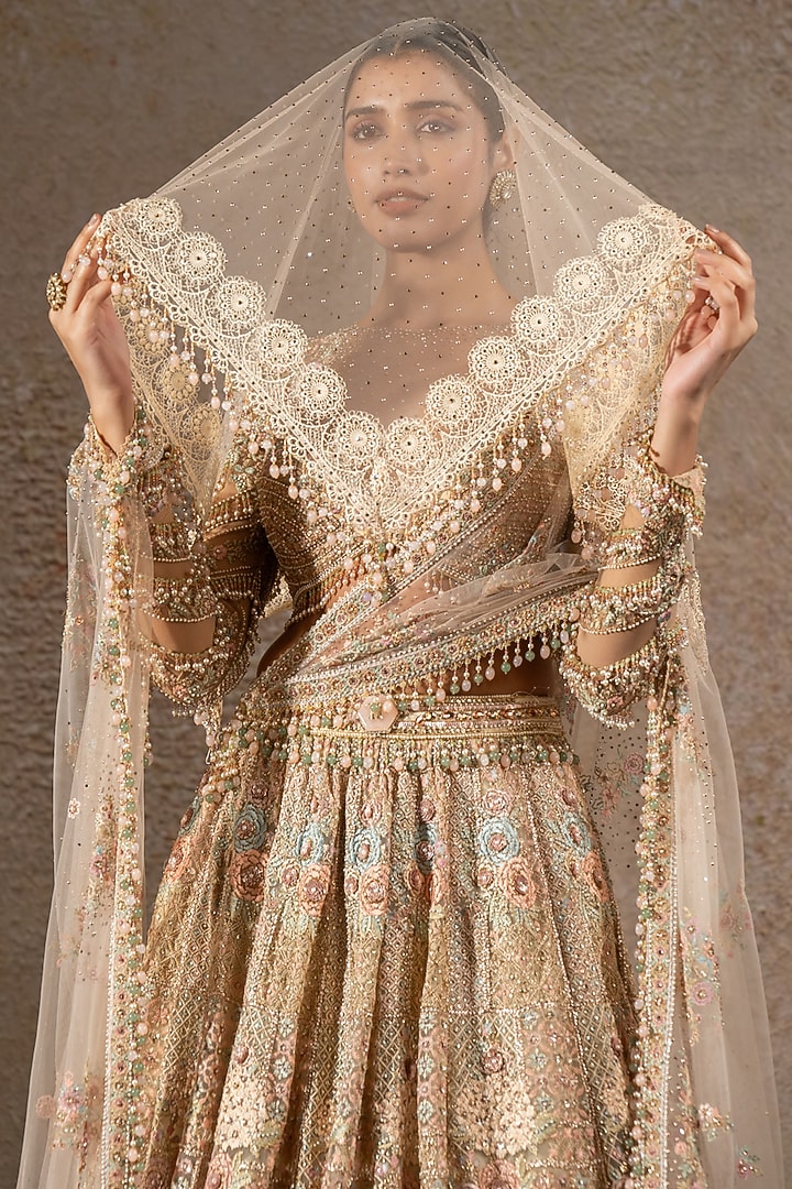Multi-Colored Tulle Net Hand Embroidered Bridal Lehenga Set by Tarun Tahiliani at Pernia's Pop Up Shop