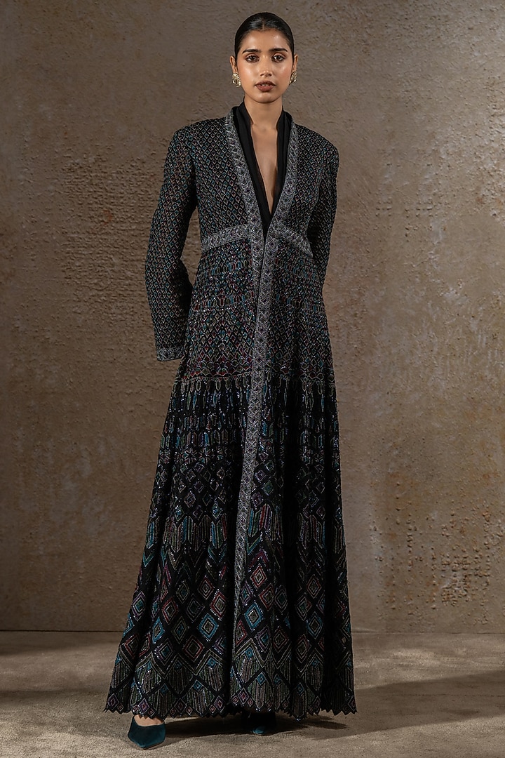 Black Chiffon Hand Embroidered Jacket Party Wear Dress by Tarun Tahiliani at Pernia's Pop Up Shop