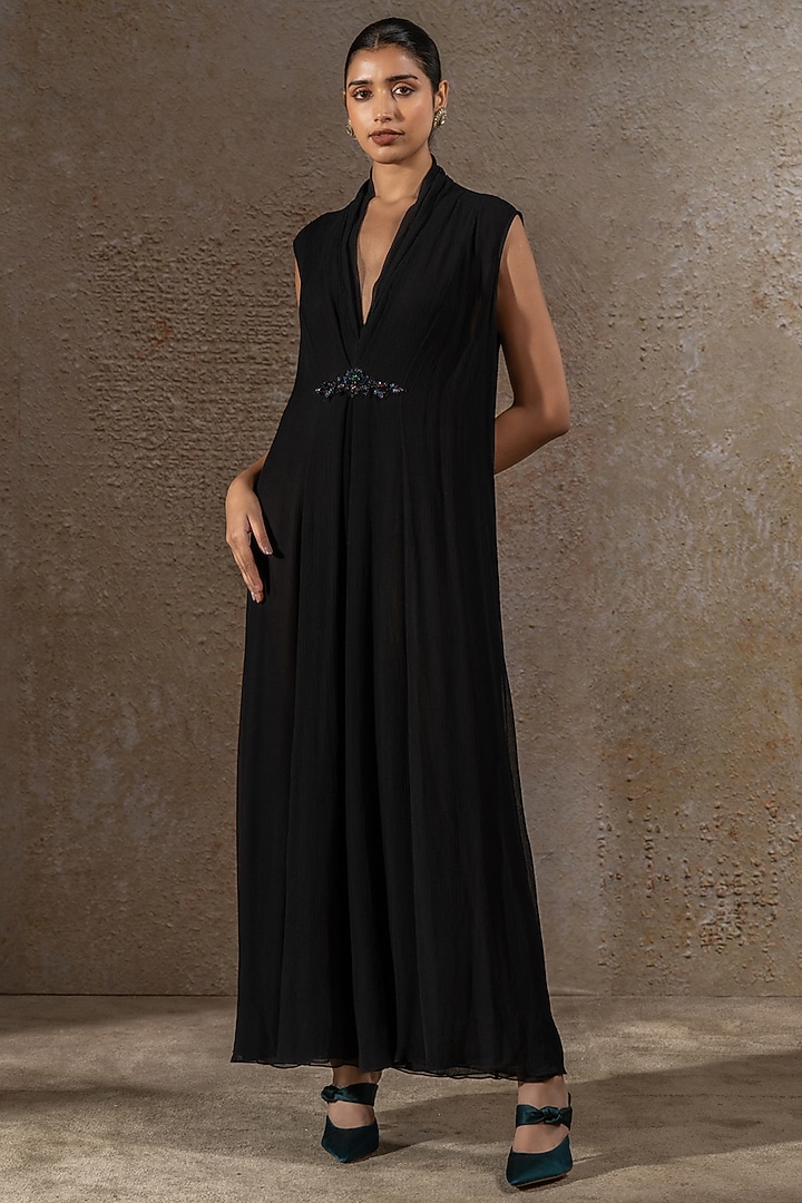 Black Chiffon Hand Embroidered Jacket Party Wear Dress by Tarun Tahiliani at Pernia's Pop Up Shop